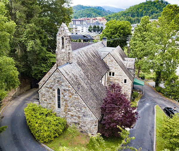 aerial view of the historic church in Gatlinburg